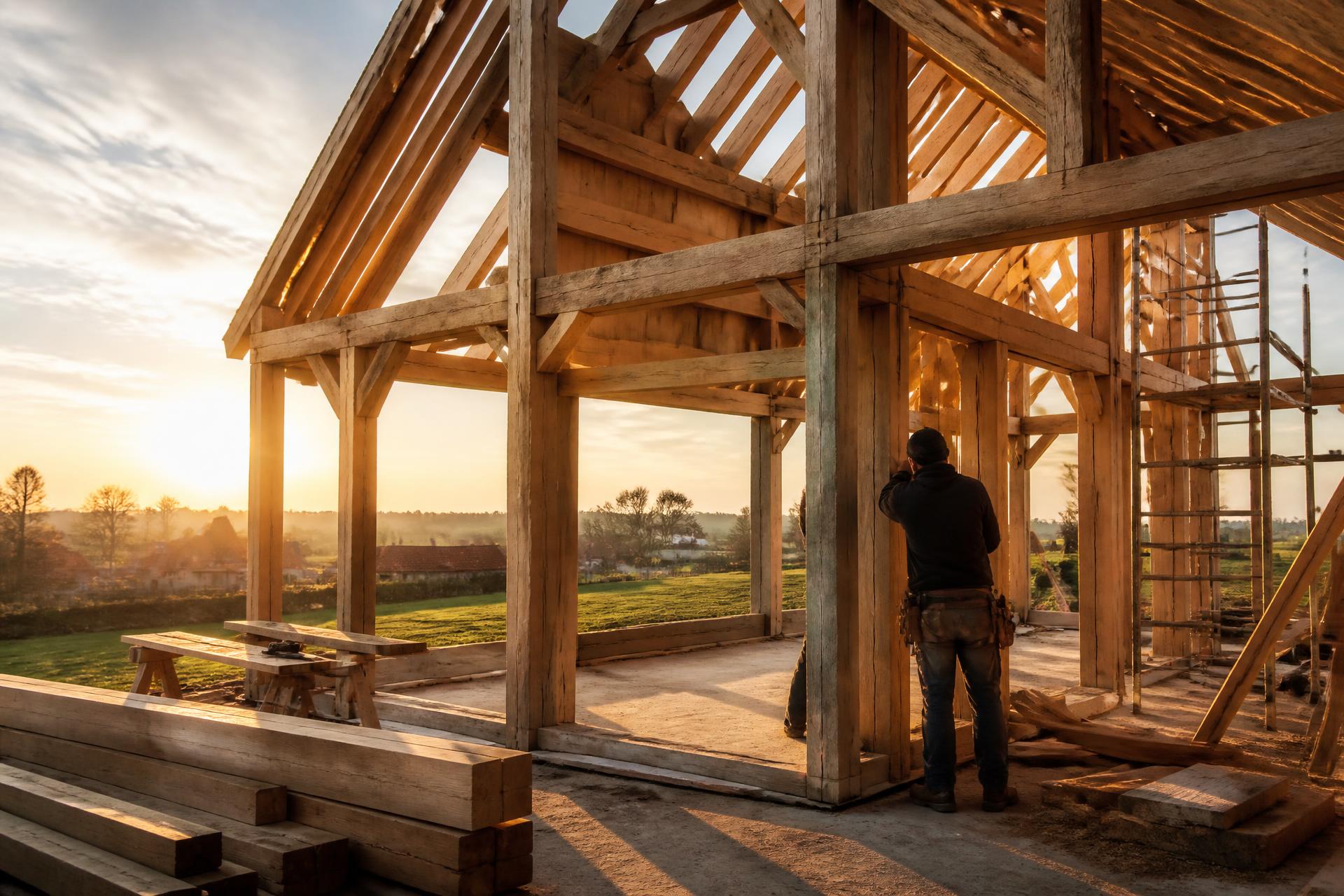 Houtskeletbouw in opbouw bij zonsondergang